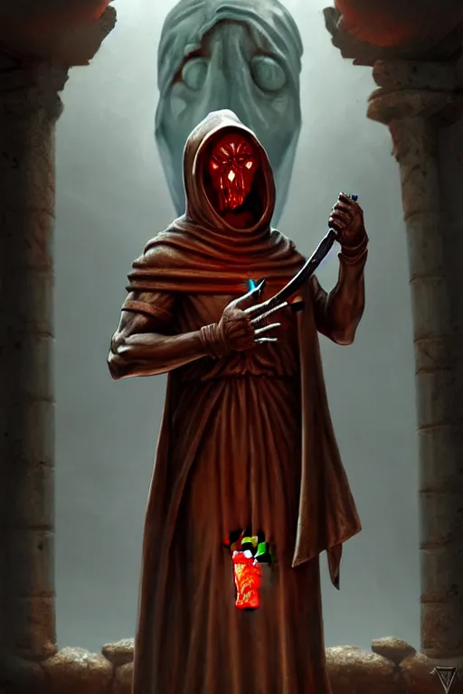 Image similar to an ancient statue of a hooded cultist is holding a bloody knife in one hand and a tomato on the other, standing in a forgotten temple to an eldritch god, by patrick mcenvoy and michael komarck and fantasy flight, incredible quality, trending on artstation