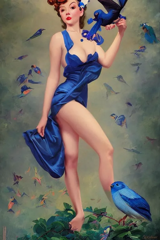 Image similar to hyper realistic painting, tasteful pinup girl holding an indigo bunting, bird, the bird is wearing a bowtie, by greg rutkowski, rossdraws, gil elvgren, enoch bolles, anime, porcelain glistening skin, very coherent