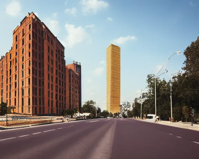 Prompt: a tall building with a brown roof next to a road, a matte painting by zlatyu boyadzhiev, unsplash, new objectivity, hdr, photo taken with provia, photo taken with ektachrome