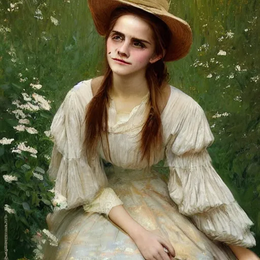 Image similar to very thick paint brush strokes paint texture full body fashion model emma watson by Jeremy Lipking by Hasui Kawase by Richard Schmid (((smokey eyes makeup eye shadow fantasy, glow, shimmer as victorian woman in a long white frilly lace dress and a large white hat having tea in a sunroom filled with flowers, roses and lush fern flowers ,intricate, night, highly detailed, dramatic lighting))) , high quality