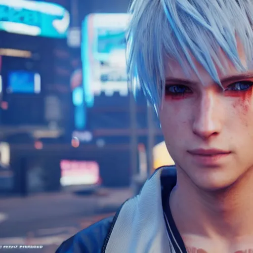 Image similar to an in-game screenshot of blonde hair blue eyed cute anime boy in Cyberpunk 2077