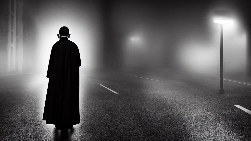 Image similar to portrait of a priest in profile under street light, fog, volumetric lighting, mystique, atmospheric, sharp focus, ultra detailed, noir art house, 4 k, cinematic, 3 5 mm