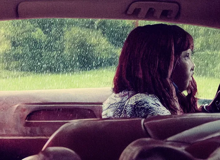 Image similar to A very high resolution image from a new movie, inside of a car, teen red hair woman, raining, hot, directed by wes anderson