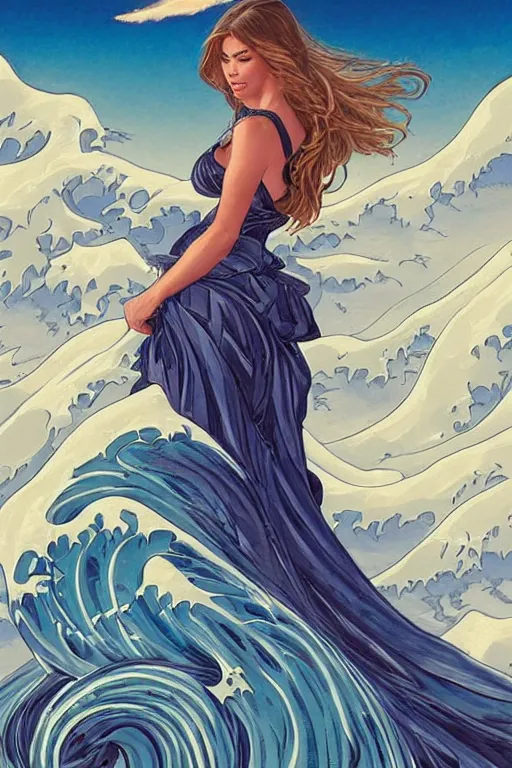 Image similar to Sofía Vergara as a heroine with a dress in the shape of the great wave off kanagawa, digital painting, artstation, concept art, smooth, sharp focus, illustration, art by artgerm and donato giancola and Joseph Christian Leyendecker, Ross Tran, WLOP