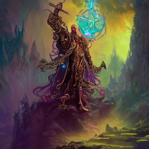 Image similar to the wizard casting using wizard staff, psychedelic effects, magical energy, gleaming intricate baroque jewellery, vivid, imposing, digital painting, artstation, concept art, by john blanche and martin deschambault and peter mohrbacher and wlop, c 9. 0