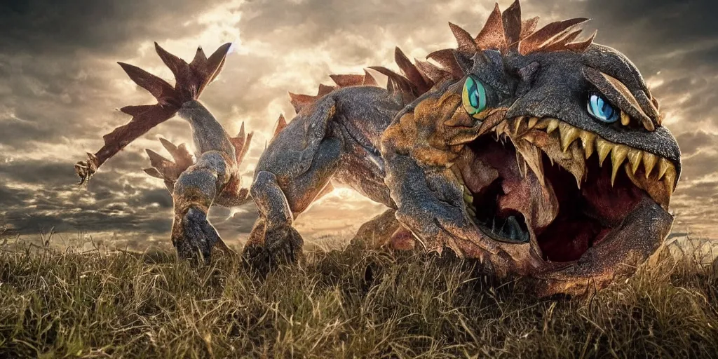 Image similar to photo of real life pokemons, creepy!!!, scaly!!!, gritty!!!, menacing!!!, evil, ultra realistic, gritty, golden hour, volumetric lighting, sharp focus