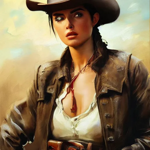 Image similar to ultra realistic portrait painting of ana de armas as a western outlaw, art by frank frazetta, 4 k, ultra realistic, highly detailed, epic lighting