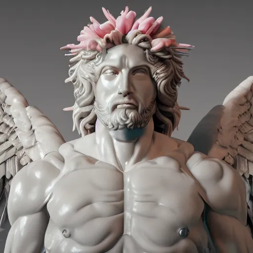 Image similar to photo of fullbody rococo and cyberpunk delicate neon pink sculpture of a hulking herculean muscular onyx albino marble jesus christ as an iridescent humanoid deity, angelic halo, wings, crown of thorns, cinematic lighting, photorealistic, octane render, 8 k, depth of field, 3 d