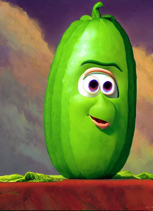 Prompt: Larry the Cucumber from veggie tales, by Wayne Barlowe, painting, dramatic lighting, cinematic, establishing shot, extremely high detail, award winning, cinematic lighting