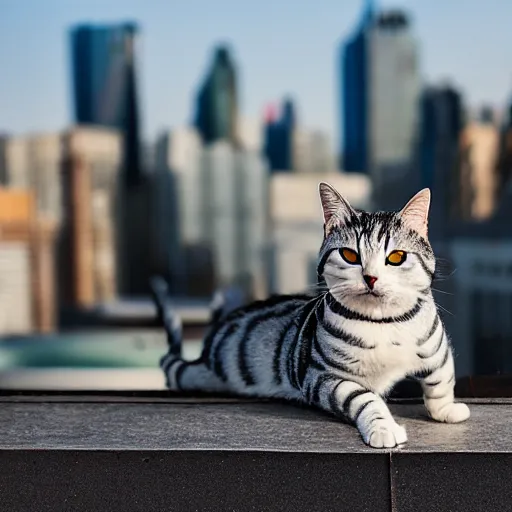 Prompt: an American Shorthair stretch on the rooftop of a metropolis