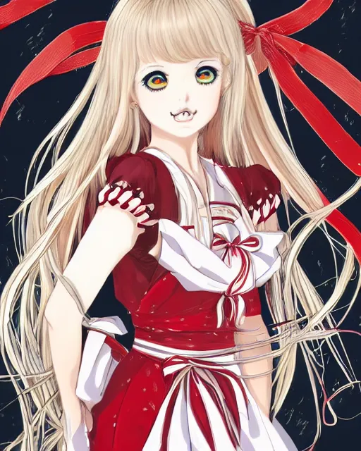 Image similar to illustration of a blonde twintails hair with ribbons anime girl with red eyes in the style of studio ghibli, ayami kojima, akihiko yoshida and 90's anime