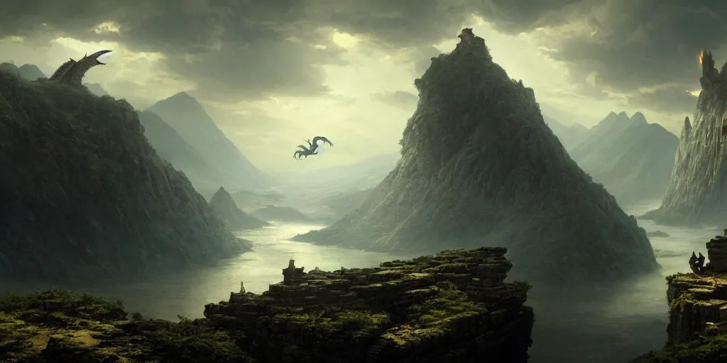 Image similar to a dragon hovers above a river with a lost city on a cliff in the distance, 4 k resolution, ultra detailed, matte oil painting, mysterious, wallpaper, art by greg rutkowski