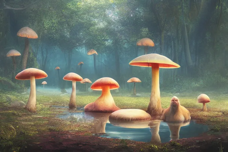 Prompt: Capybaras swimming in a magic lake in a mushroom forest, digital art, psychedelic, by WLOP, by Artgerm, by Greg Rutkowski, volumetrics, octane render