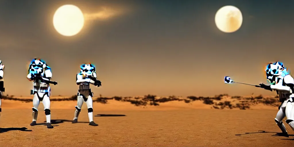 Image similar to stormtroopers playing golf on tatooine with 3 moons in the background, ultra detailed, vivid colors, volumetric lighting, futuristic, sharp focus