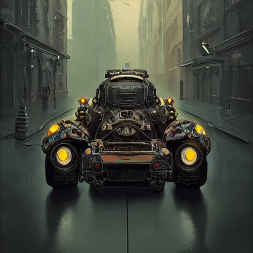 Image similar to cyborg vintage supercar slick : by michal karcz, daniel merriam, victo ngai and guillermo del toro : ornate, dynamic, particulate, intricate, elegant, highly detailed, centered, artstation, smooth, sharp focus, octane render