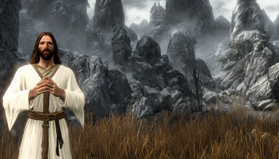 Prompt: skyrim character screenshot of jesus christ wearing a white robe, enb, 4 k, bokeh, beautiful, detailed