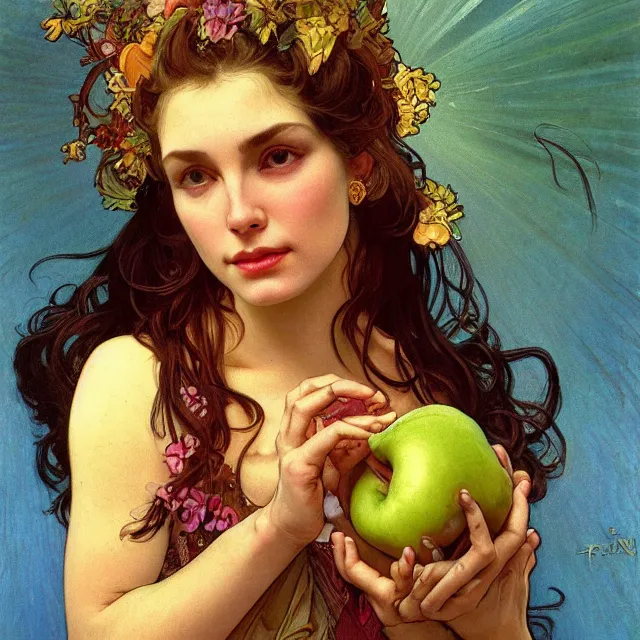 Image similar to an aesthetic! detailed close - up portrait of an aesthetic woman crying mournfully while holding an apple, by frank frazetta and alphonse mucha, oil on canvas, bright colors, art nouveau, epic composition, dungeons and dragons fantasy art, hd, god - rays, ray - tracing, crisp contour - lines, huhd - 8 k