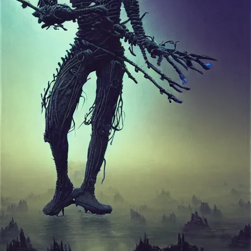 Image similar to afrofuturism sci - fi warrior, blue hour, horror art, by beksinski, szukalski, giger, pyromallis, dzo, iris compiet, seb mckinnon, digital art, highly detailed, intricate, sharp focus, trending on artstation hq, deviantart, pinterest, unreal engine 5, 4 k uhd image