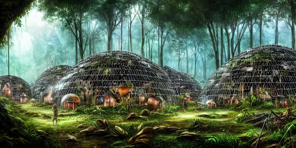 Image similar to a clearing in the jungle reveals a chrome metal village full of mushroom houses, matte oil painting, cybernetic, science fantasy, retrofuturistic, biblical, rpg, queer, pride, epic, extremely detailed, sharp focus, 4 k