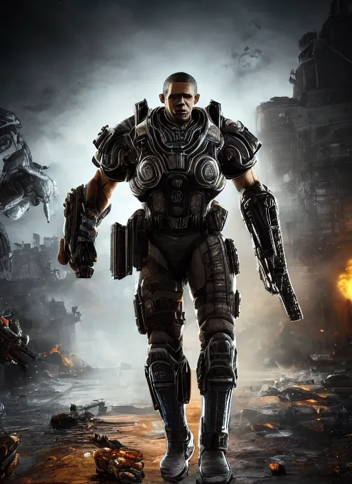 Image similar to full body character portrait of barack obama in gears of war wearing cig armor, metal gear rising, metal gear, barack obama, octane render, 8 k, realistic face, ray tracing, ps 5, subsurface scattering, realistically proportioned head, realistically proportioned face, ambient occlusion