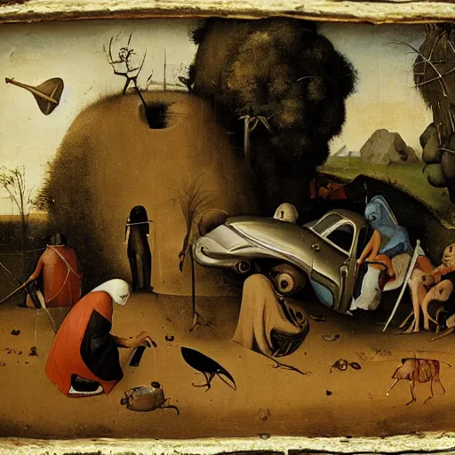 Prompt: alchemist camp in the outback with crashed car, hieronymus bosch