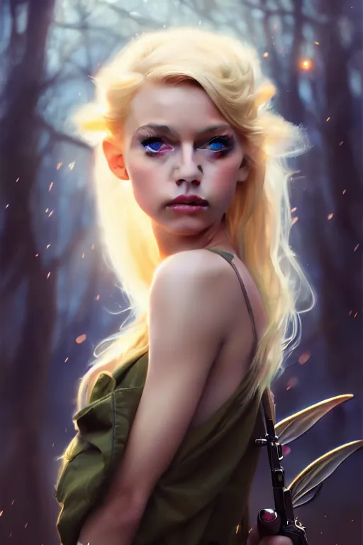 Image similar to cinematic shot of an epic portrait of a cute blonde fairy dressed in military clothes, stylised military clothes, shiny skin, beautiful eyes, beautiful, small details, night setting, realistic poster with volumetric light from craig mallism, artgerm, jeremy lipkin and michael garmash, unreal engine, radiant light, digital art, trends at art station, a masterpiece