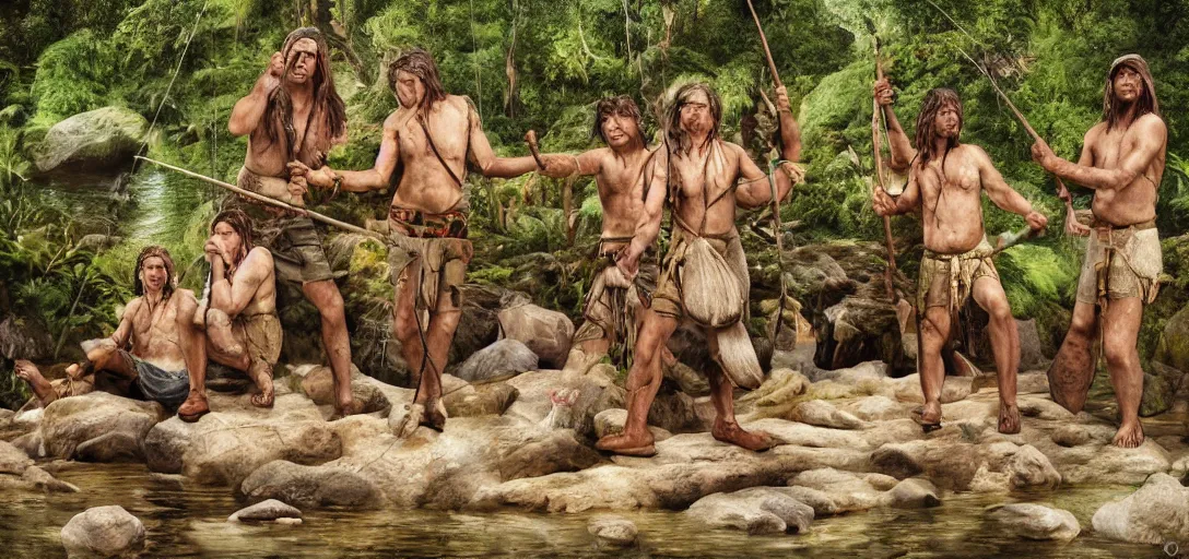 Prompt: prehistoric men, asemble at the river bank in the rainforest, make stone adze from pebble, and fishing, high qulity realistic face, hyper - realistic, highly detailed, 8 k, cinematic lighting, global illumination, elegant, ornate, super detail, the light is dim, and the colours are muted. kodak etkar 1 0 0