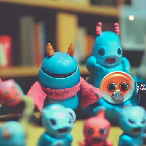 Image similar to a 35mm photo of adorable little toy monsters holding a meeting