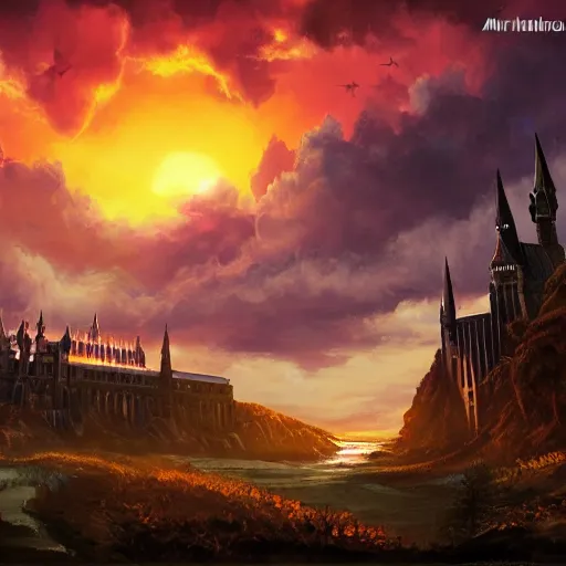 Prompt: sunset over hogwarts, Artstation, magic the gathering artwork, landscape