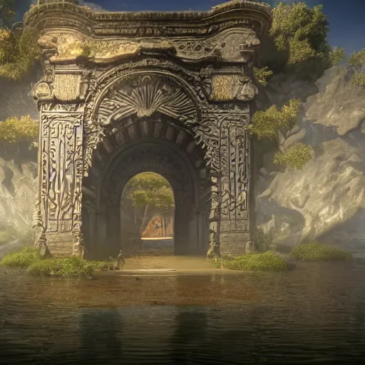 Prompt: A beautiful hyper realistic detailed matte painting of the majestuous gate of the unconscious maze at the base of the mind, dramatic lighting, unreal engine, ultrawide angle n-5