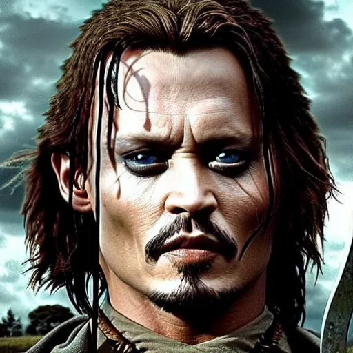 Image similar to symmetry!! photography of johnny depp starring in the lord of the rings as aragorn wielding a sword, detailed - face!!, full - body - picture, wide - angle!!, cinematic, intricate, elegant, highly detailed, film still, nikon, canon eos, zeiss lens, dramatic lighting, sharp - focus!!, photography!!