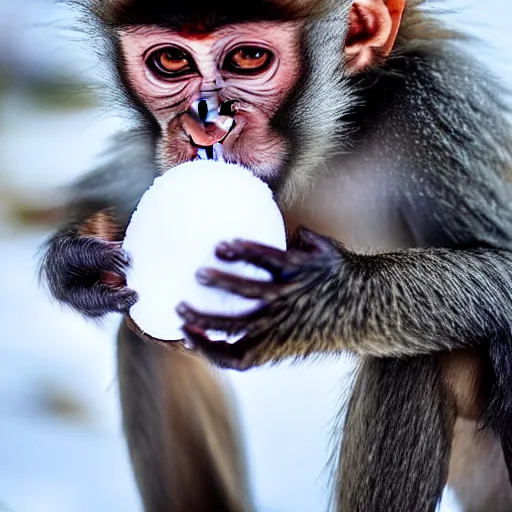 Prompt: beatiful photograph of monkey sitting in the center of the image whilst holding a snowball in its arms