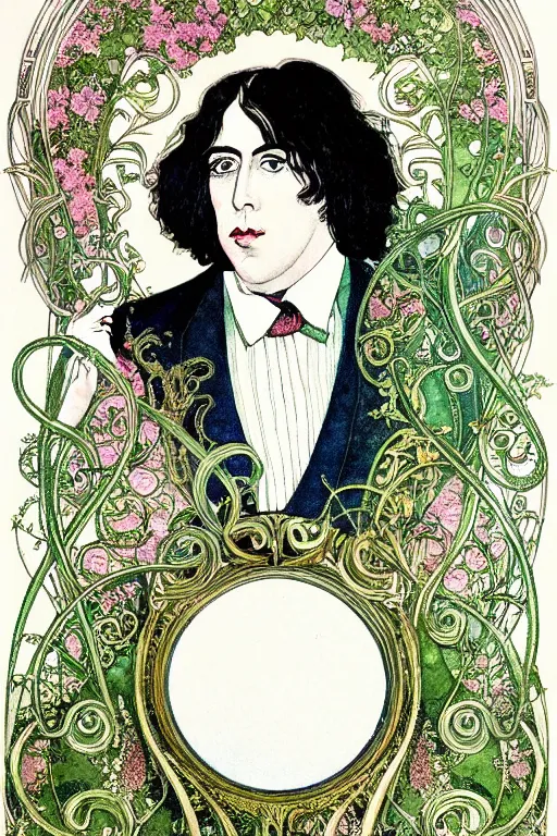 Prompt: realistic profile portrait of oscar wilde in the center of an ornate floral frame looking into a mirror, detailed art by kay nielsen and walter crane, illustration style, watercolor