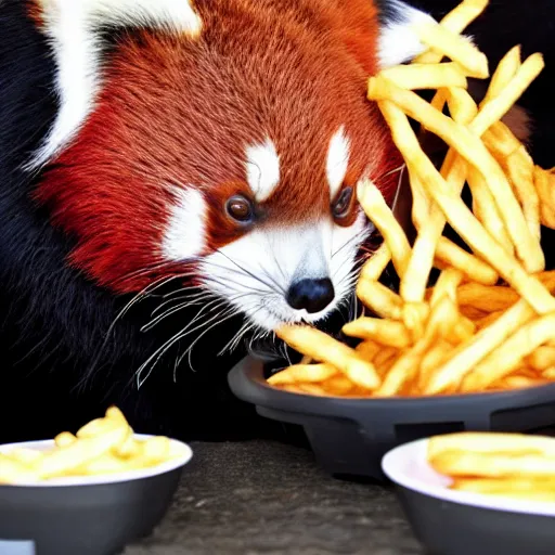 Image similar to a photo of a red panda dressed like Darth Vader eating french fries