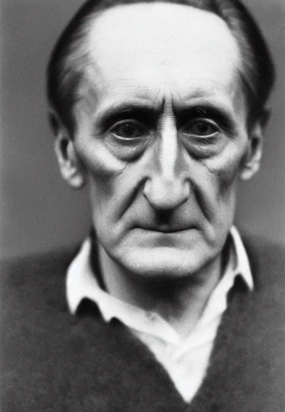 Image similar to a close - up casual photo of marcel duchamp with pensive eyes, blurry, 1 9 2 0 s monochrome snapshot, graflex 4 x 5, f 1. 8, 3 5 mm, ilford delta 3 2 0 0 pro, cyborg