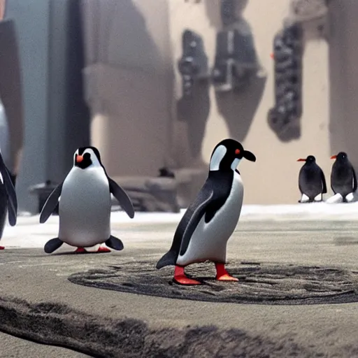 Image similar to film still of a pixar film of a communist penguin escaping russia