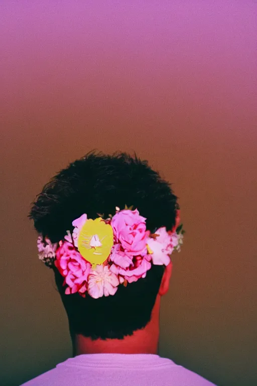 Image similar to agfa vista 4 0 0 close up photograph of a guy wearing a flower crown, back view, synth vibe, vaporwave colors, lens flare, moody lighting, moody vibe, telephoto, 9 0 s vibe, blurry background, grain, tranquil, calm, faded!,