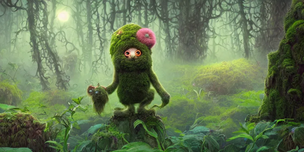 Image similar to a surreal bioluminescent, very very very cute hairy mossy forest troll in a happy forest world by daniel merriam, trending on artstation, oil on canvas by elena zhurikhina and goro fujita and charlie bowater, octane render, 4 k, 8 k, hd