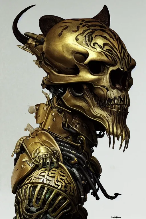 Image similar to realistic render portrait of a jade tiger skull with a unique armor, intricate, dystopian toy, sci-fi, extremely detailed, digital painting, sculpted in zbrush, artstation, concept art, smooth, sharp focus, illustration, chiaroscuro lighting, golden ratio, incredible art by artgerm and greg rutkowski and alphonse mucha and simon stalenhag