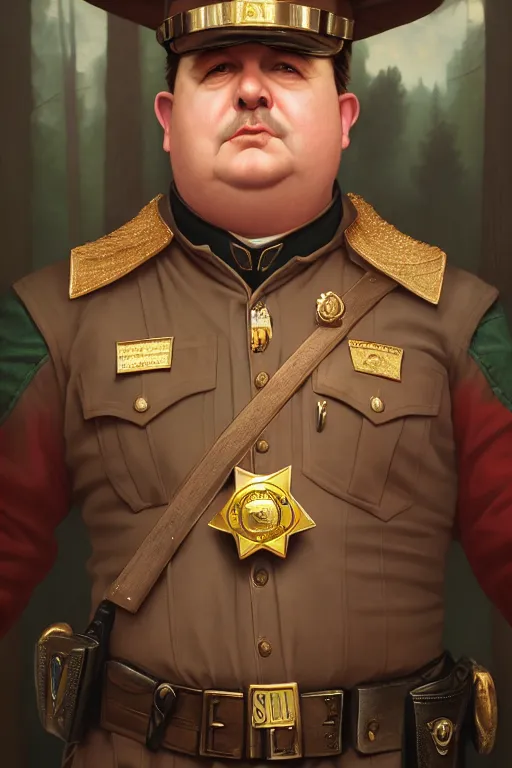 Prompt: a shifty fat fantasy wood elf mall cop with a sheriff's badge, Oil Painting, hyperrealistic, octane render, Detailed Digital Art, RPG portrait, 3/4 bust, William-Adolphe Bouguereau, Michael Cheval, dynamic lighting, Highly Detailed, Cinematic Lighting, 8k, HD