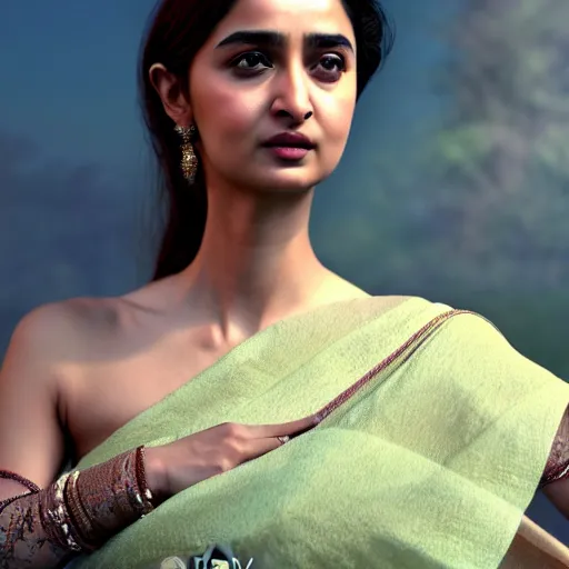 Image similar to daz3d genesis 8 female Alia Bhatt wearing mekhela bihu dress, Iray shaders, studio HDRI soft lighting, natural skin textures ultra hd 8k, ray traced, unreal engine, cinematic realistic portrait, face, beauty expressive pose, bare shoulders, fantasy, intricate, elegant, highly detailed, digital painting, artstation, concept art, smooth, sharp focus, illustration, art by artgerm and greg rutkowski and alphonse mucha