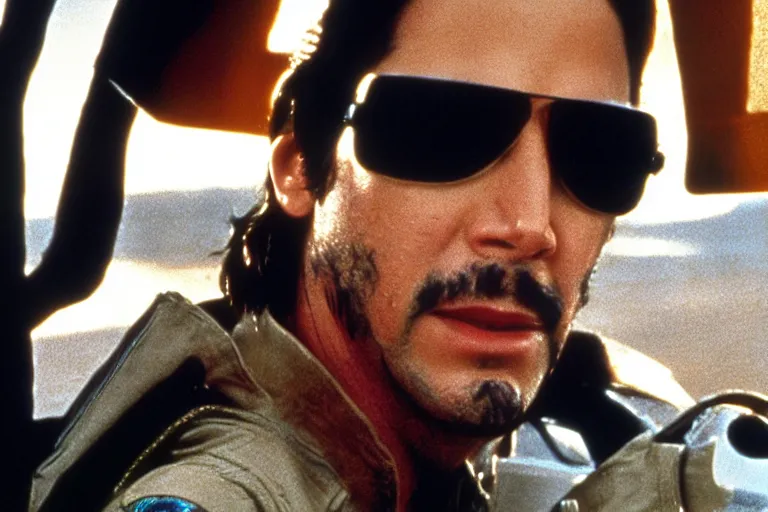 Image similar to film still of Keanu Reeves as Maverick in Top Gun 1986