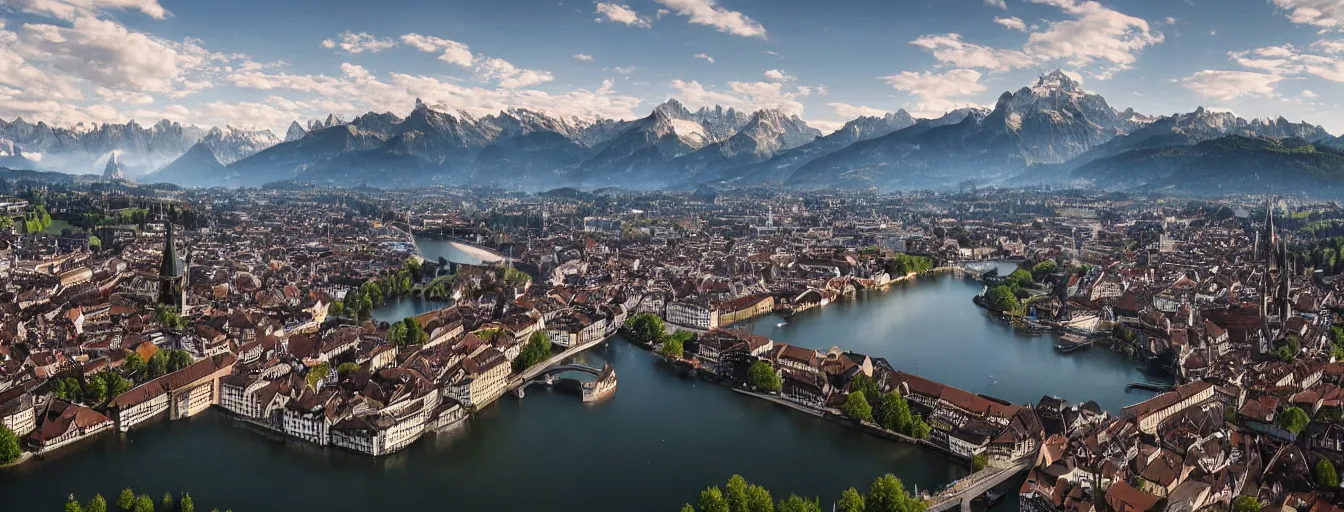 Image similar to Photo of Zurich, looking down the river at the lake and the alps, Hardturm, Grossmünster, wide angle, volumetric light, hyperdetailed, mountain water, artstation, cgsociety, 8k