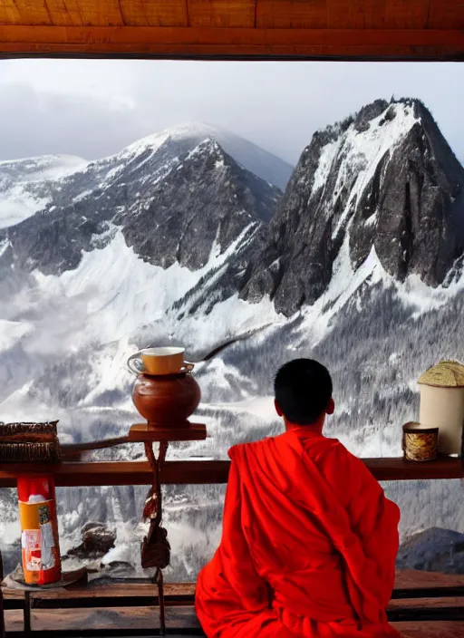 Image similar to Mountains, tea puer, Cat monk, winters, thanka