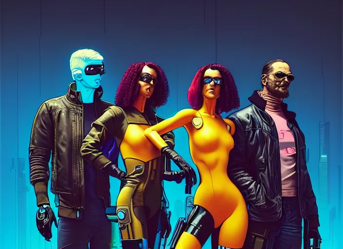 Image similar to cyberpunk heist crew. portrait by stonehouse and mœbius and will eisner and gil elvgren and pixar. character design. realistic proportions. cyberpunk 2 0 7 7 character art, blade runner 2 0 4 9 concept art. cel shading. attractive face. thick lines. the team. diverse characters. artstationhq.