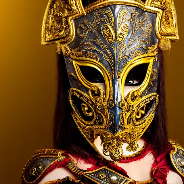 Image similar to full body portrait photo of a female warrior with ornate venetian mask, highly detailed, 8 k, hdr, close up, smooth, sharp focus, high resolution, award - winning photo