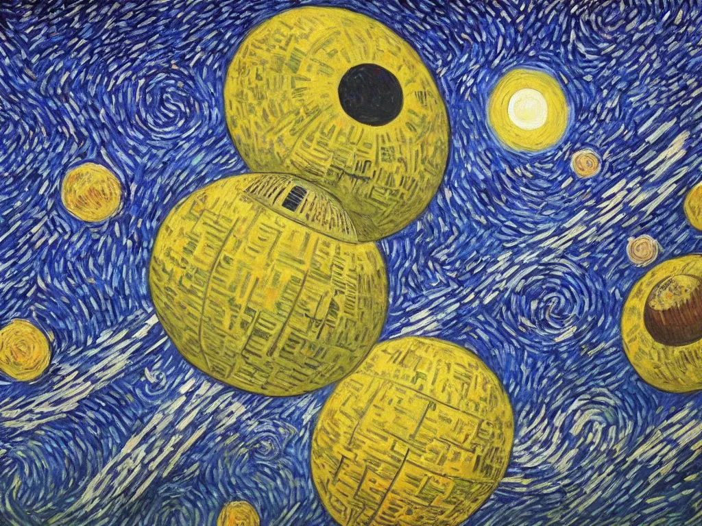 Prompt: bright beautiful oil painting of the death star aims its weapon at planet earth, light scatter, van gogh