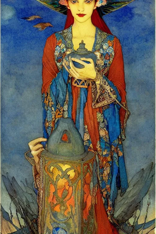 Prompt: queen of the dawn with her lantern and birds, by Annie Swynnerton and Nicholas Roerich Edmund Dulac, elaborate headdress and embroidered velvet, iridescent beetles, rich color, dramatic cinematic lighting, extremely detailed
