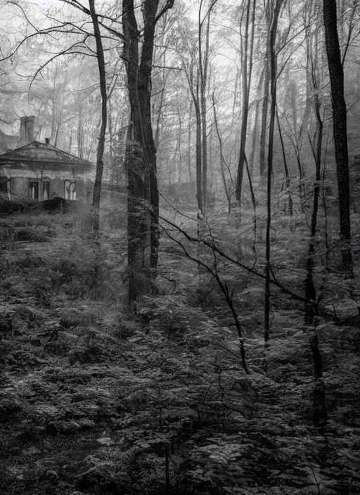 Image similar to old lost footage in black and white of a sanatorium in a beautiful forest overgrown and burning,hyper realistic 8K HD real life photo