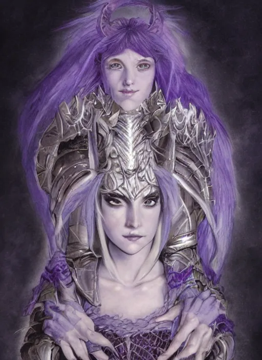 Image similar to portrait of young female prophetess of the endtimes, transluscent skin, silver filigreed armor, lavender hair, beautiful! coherent! dungeons and dragons character, by brian froud, strong line, cool night color, high contrast